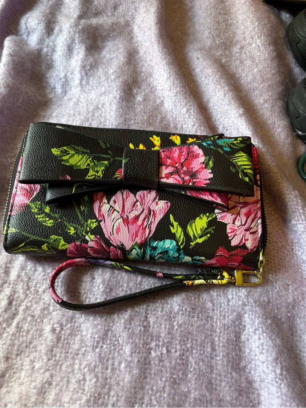 Floral Bow Wristlet Clutch - Black with Pink & Green Floral Print